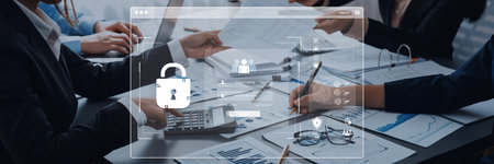 Concept of cybersecurity and data privacy. A secure login interface requires user authentication...