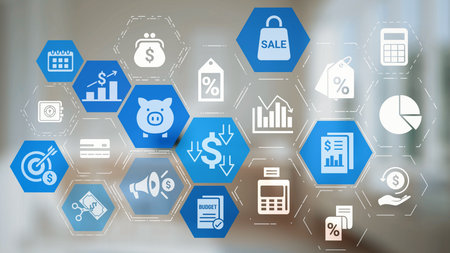 Modern budgeting and financial management icons showing finance, savings, tax, and planning. Budget supports business strategy, budget helps growth, and budgeting ensures financial control.の写真素材
