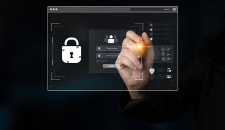 Concept of cybersecurity and data privacy. A secure login interface requires user authentication...