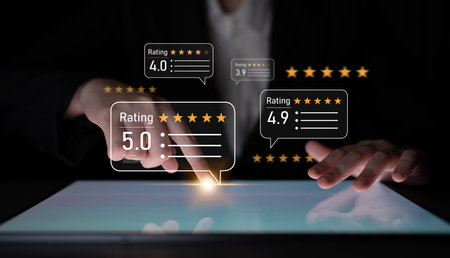 Customer centric review and rating system supports product review, digital rating concept, and customer give good trust by visualizing people choice through stars and feedback content technologyの写真素材