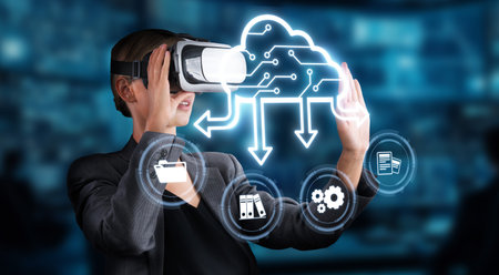 Engage in a futuristic digital landscape showcasing virtual reality technology intertwining with...