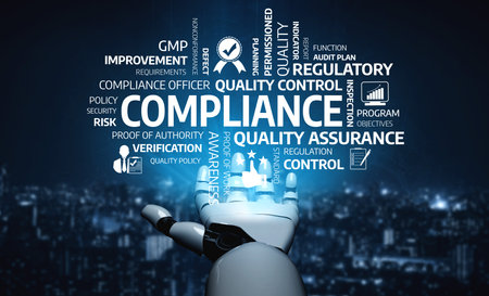 This image showcases a robotic hand holding icons related to compliance quality control,...