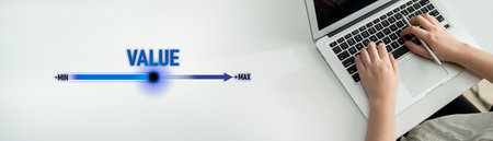 Value measurement and adjustment concept showing value, performance, and optimization level with focus on data analytics, calibration, and improvementの写真素材