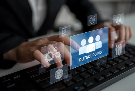 Outsourcing concept showing collaboration, delegation, global workforce, productivity, and task management through remote teams and external service providersの写真素材