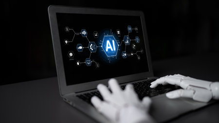 A generative AI assistant presents its comprehensive business suite. This all-in-one platform offers intelligent tools for marketing, e-commerce, and automating corporate operations.の写真素材