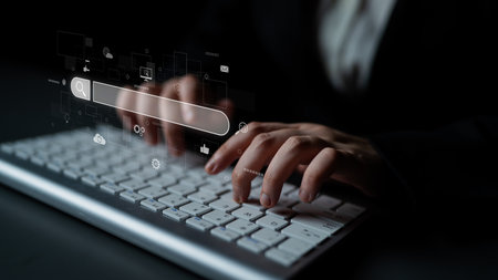 Search engine interface for accessing digital information and online data. Search engine finds data, search engine supports research, drives marketing, search engine improves SEO.の写真素材