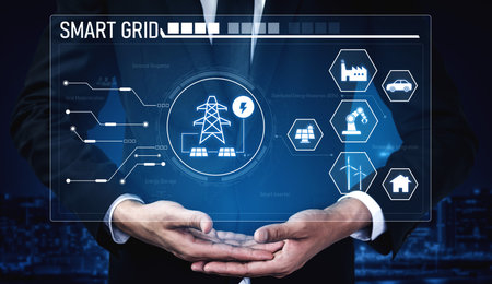 Smart grid system integrating renewable energy sources, energy storage, smart inverters, and demand response for efficient, decentralized, and modern power distributionの写真素材