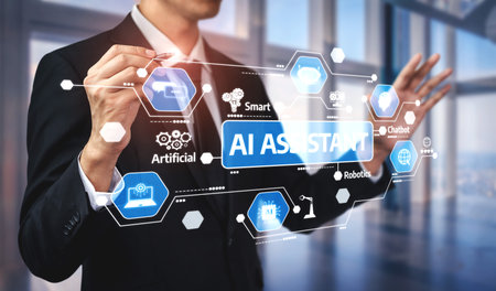 A businessman engages with a modern AI technology interface, highlighting smart solutions and innovations that enhance productivity and foster business growth. Tesselの写真素材