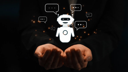 AI chatbot virtual assistant interacting with users through AI conversation bubbles, symbolizing AI automation, smart communication, and AI digital artificial intelligence help supportの写真素材