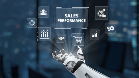 A futuristic robotic hand showcases sales performance metrics in a modern business environment,...