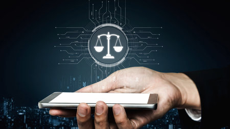 Futuristic digital law interface displaying justice scale, highlighting digital law, AI compliance, digital law systems, and digital law regulations for secure governance.の写真素材