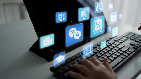 Translation icons show international languages, interpretation, and communication. Translation helps...
