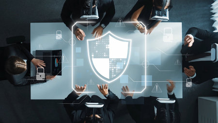 A diverse business team collaborates on cybersecurity strategies, utilizing modern technology and digital tools in a professional office setting for enhanced protection. Rasterの写真素材