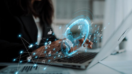 Global AI-powered digital network ecosystem connecting data, finance, analytics, ecommerce, communication, and automation across continents through technology and cloudの写真素材