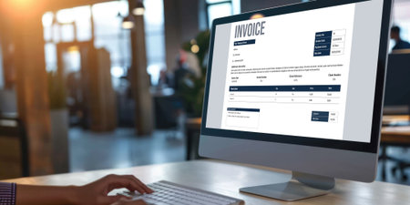Invoice on computer screen from accounting application. Computer program for financial and budget of corporate business. brisk.の素材