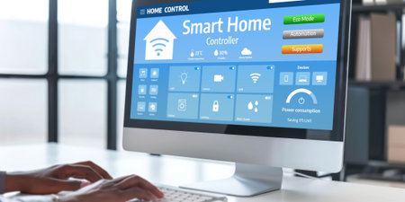 Smart home technology, centric remote control system with digital dashboard for air conditioning, safety security network or house automation. App software, ui panel programming IOT monitor briskの素材