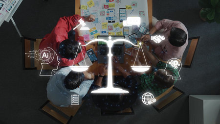 A diverse business team collaborates at a table filled with notes and digital tools, integrating...