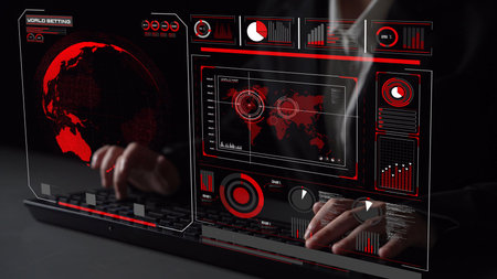 High-tech global network connection interface showing worldwide digital communication, data...