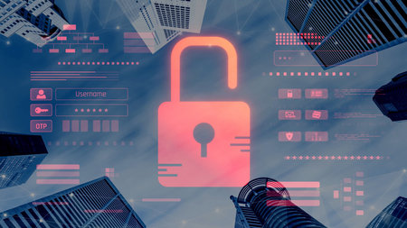 Digital security concept illustrating a cybersecurity breach, with a red unlocked padlock indicating...