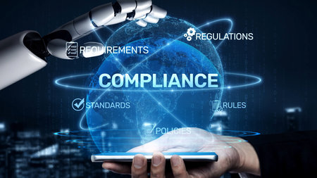 Compliance ensures alignment with standards, laws, and policies. A strong compliance system helps enforce regulation, protect organizations, and improve global compliance transparency.の写真素材