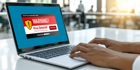 Virus warning alert on computer screen detected brisk cyber threat , hacker, computer virus and malwareの素材