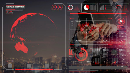 High-tech global network connection interface showing worldwide digital communication, data exchange, and internet connectivity. Global connection, data interaction, and worldwide communication.の写真素材