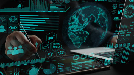 A close-up view of a digital interface displaying global communication networks with data visuals,...