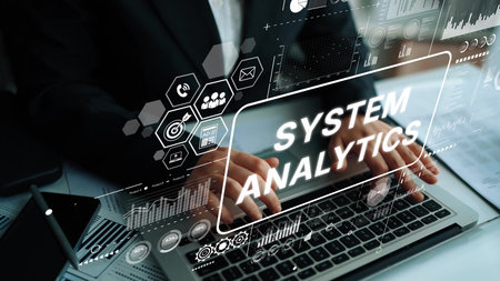 Business Professional Engaged in System Analytics with Digital Interface and Data Visualization Elements. Asymptotic smart data analytic.の写真素材