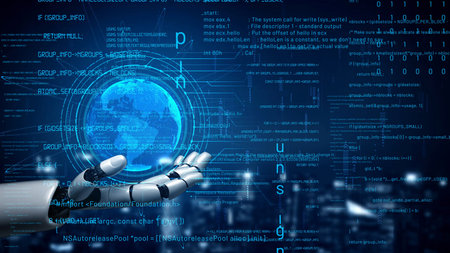 A humanoid robotic hand extends towards a digital globe, symbolizing the fusion of technology and...