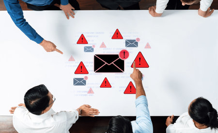 Concept of a cybersecurity warning for unsafe email communication. This alert signifies a phishing attack, spam, or malware risk that requires immediate attention to prevent fraud.の写真素材