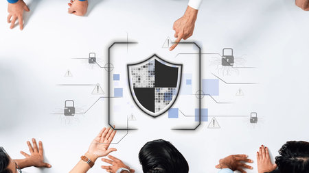 A diverse group of business professionals collaborates on a cybersecurity strategy, showcasing technology and risk management with a central shield icon. Rasterの写真素材