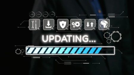 A sleek digital interface illustrating an update process with a progress bar and various icons...