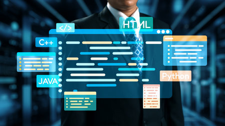 A professional programmer poses in a sleek business suit, surrounded by a colorful coding interface...