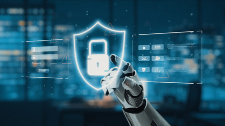 A robotic hand interacts with a digital security interface featuring a virtual lock symbol. This...