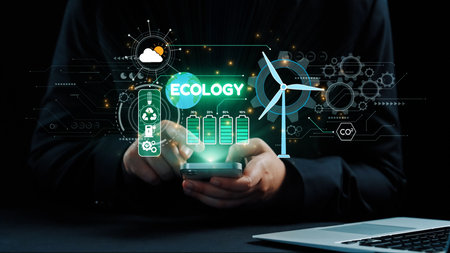 This image illustrates the integration of advanced technology with ecological concepts, showcasing renewable energy sources and recycling in a digital format for sustainable solutions.の写真素材