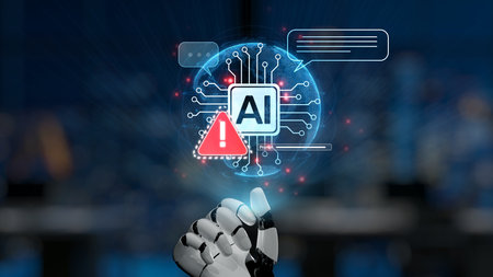 This image showcases a robotic hand emerging from a digital backdrop. It highlights advanced...