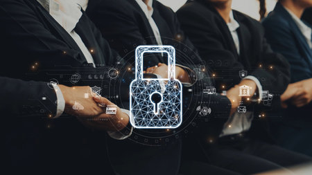 A business team in suits focuses on a digital security concept during a meeting. The overlay of a lock symbolizes the importance of protecting information and data. Rasterの写真素材