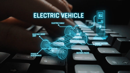 Structure of electric car showing battery system, traction motor, control units, and charging station for understanding EV functionality and energy flowの写真素材