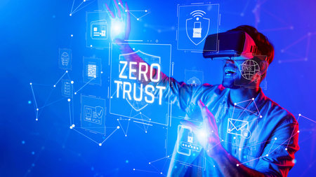 A man wearing a virtual reality headset interacts with holographic icons symbolizing cybersecurity...