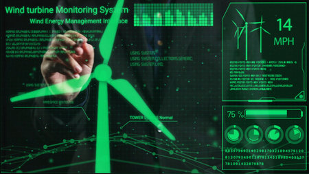 Explore an advanced wind turbine monitoring system featuring real-time data display. This interface...