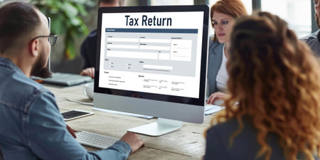 Online tax return form for submitting individual income tax return form brisk on the internet website. Government web for tax payment and return. Taxation technology concept.の素材