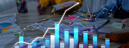 A professional team engaged in data analysis, showcasing vibrant charts and graphs that illustrate...