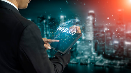 Concept of Web 3.0, the next generation of the internet. This technology represents a decentralized global network built on blockchain, enabling new digital experiences.の写真素材