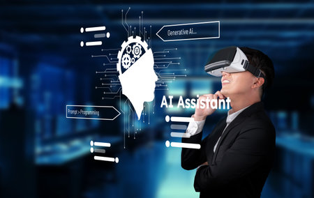 A professional utilizing a virtual reality headset interacts with an AI assistant concept, showcasing generative intelligence in a modern digital workspace environment.の写真素材