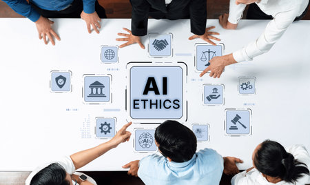 A dynamic group of diverse professionals actively discussing AI ethics in a modern workspace, surrounded by technology icons and symbols that represent various sectors.の写真素材