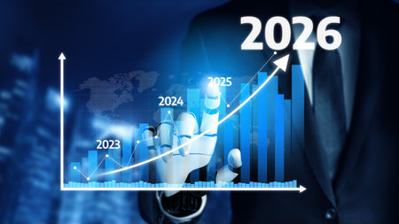 A digital scene featuring a businessman interacting with a futuristic graph that illustrates growth...
