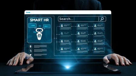 This image showcases a futuristic human resources dashboard utilizing AI technology. The digital interface allows for efficient employee management and data analysis.の写真素材