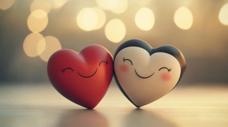 Two charming cartoon hearts with smiling faces create a joyful scene. The soft background adds warmth, making it perfect for love-themed designs.の素材