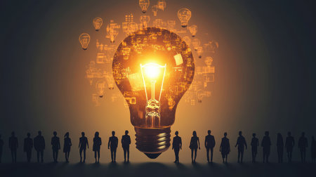A striking illustration of a glowing light bulb surrounded by silhouettes of people, symbolizing ideas, creativity, and collaboration in innovation and success.の素材