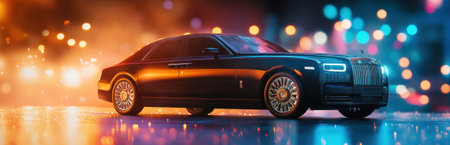 This striking image showcases a luxury black sedan parked on an illuminated urban street at night, surrounded by vibrant bokeh lights and reflections.の素材